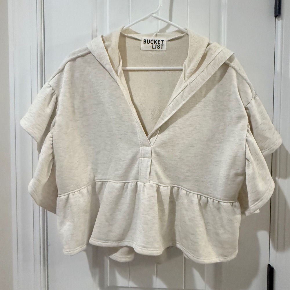 Bucketlist Cream Oatmeal Ruffle Sleeve Peplum Hoodie Top T2576 Medium